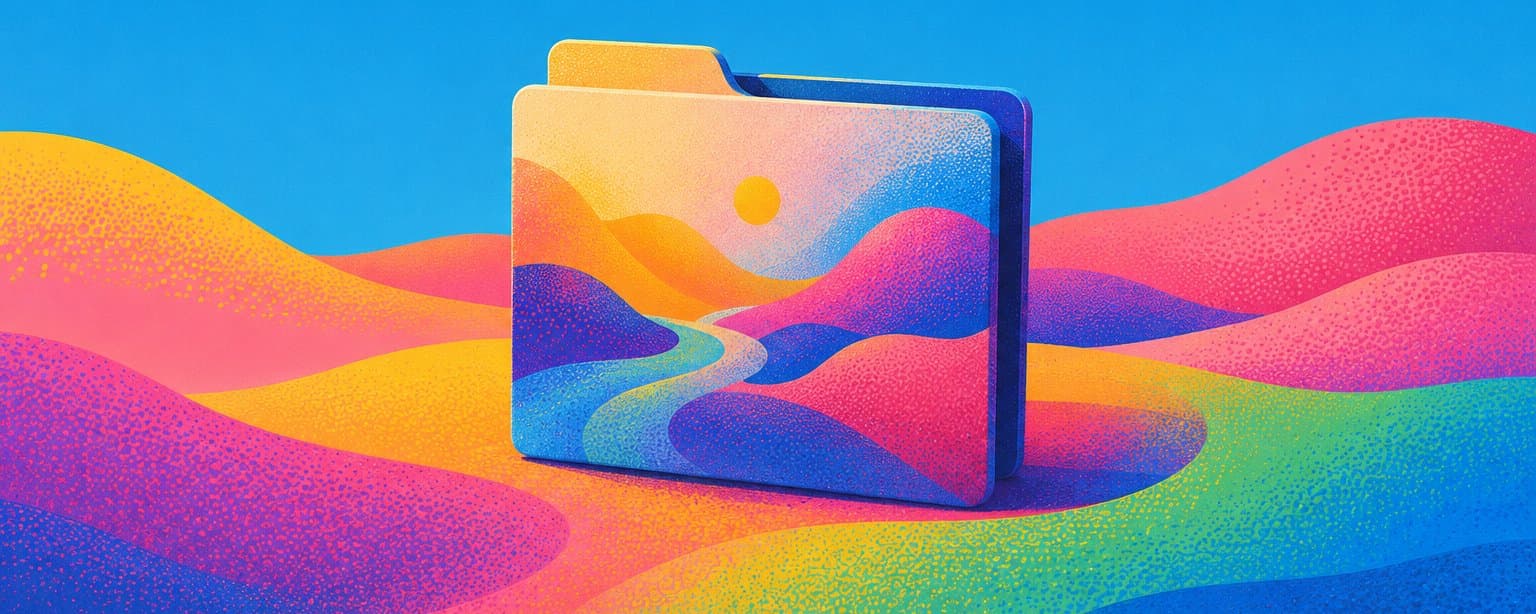 A colorful folder-shaped canvas in a landscape